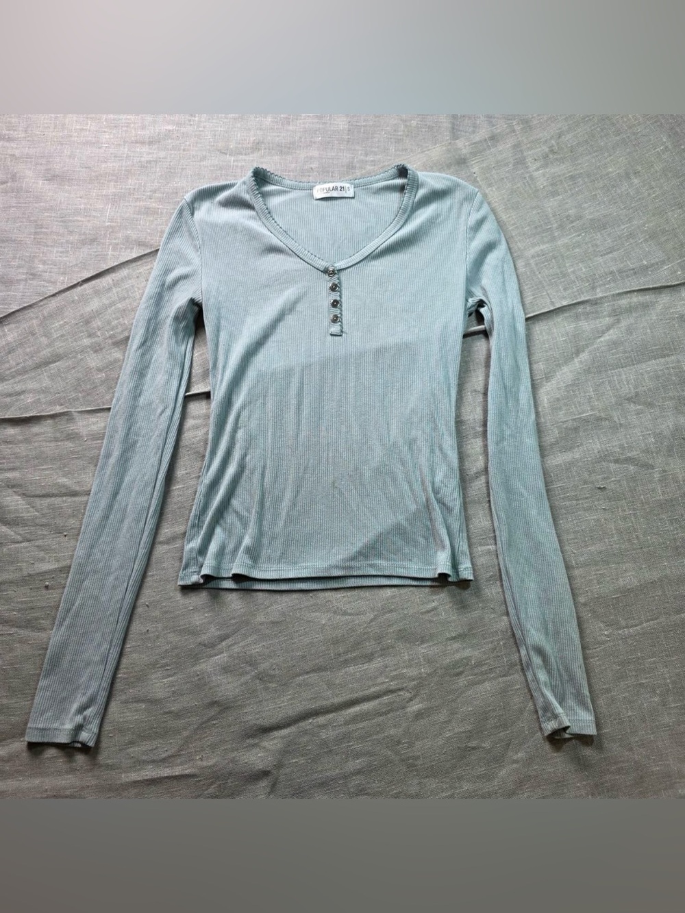 Popular 21 Women Ribbed Henley Top Size S Sage Green V Neck Long Sleeve